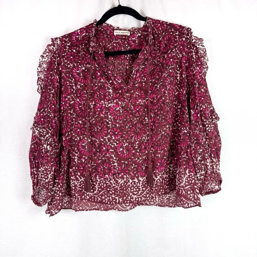 Ulla Johnson Lillian Burgundy Red Floral Puff Sleeve Ruffle Tassel Top Size 2